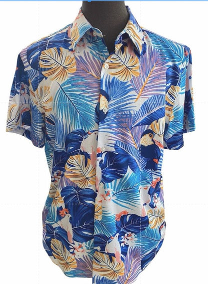 Large Suslo Couture Blue White Palm Toucan Button Down Hawaiian Shirt