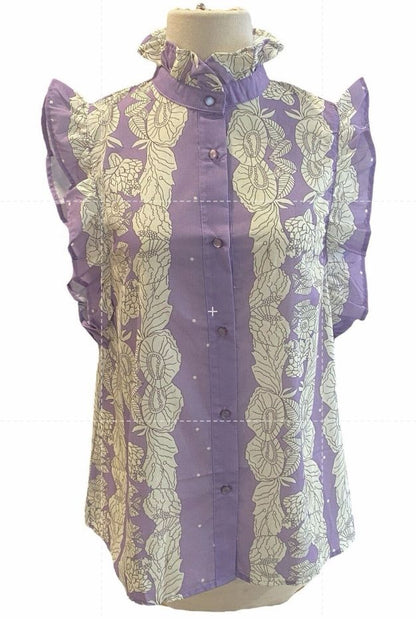 Small NWT Mazik Sleeveless Floral Ruffled Shirt Top Blouse Lavender