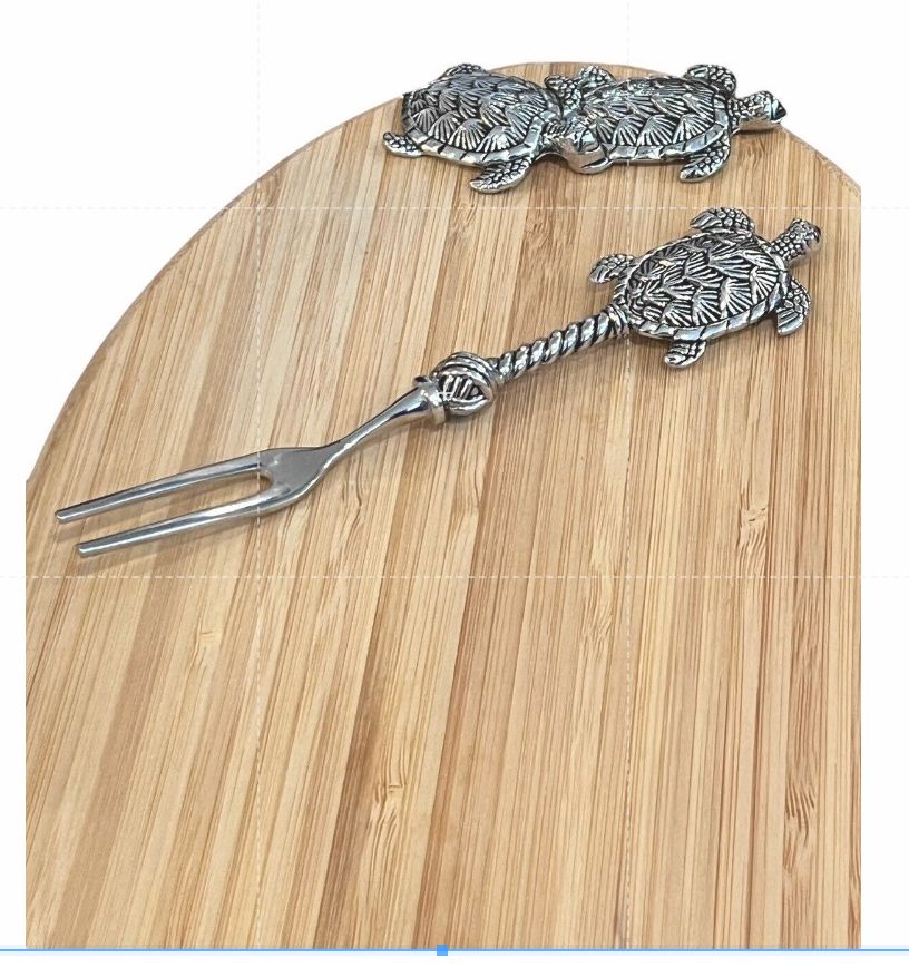 Mudpie Long Turtle Wood Board Set 10” X 6.5” with Small Fork