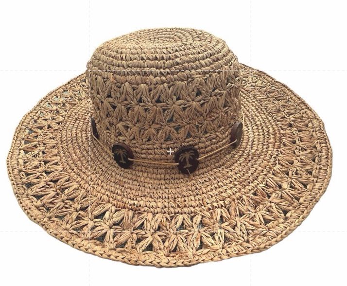 Women's Scala Crochet Straw Raffia 4" Brim Sun Floppy Hat Palmetto Tree Beads