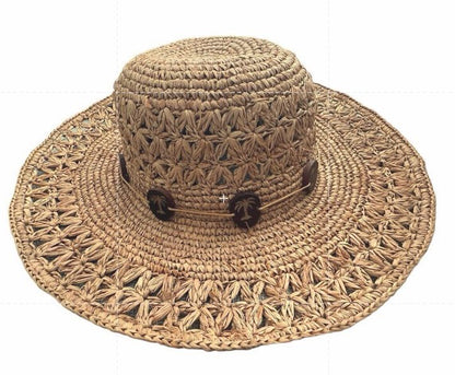 Women's Scala Crochet Straw Raffia 4" Brim Sun Floppy Hat Palmetto Tree Beads