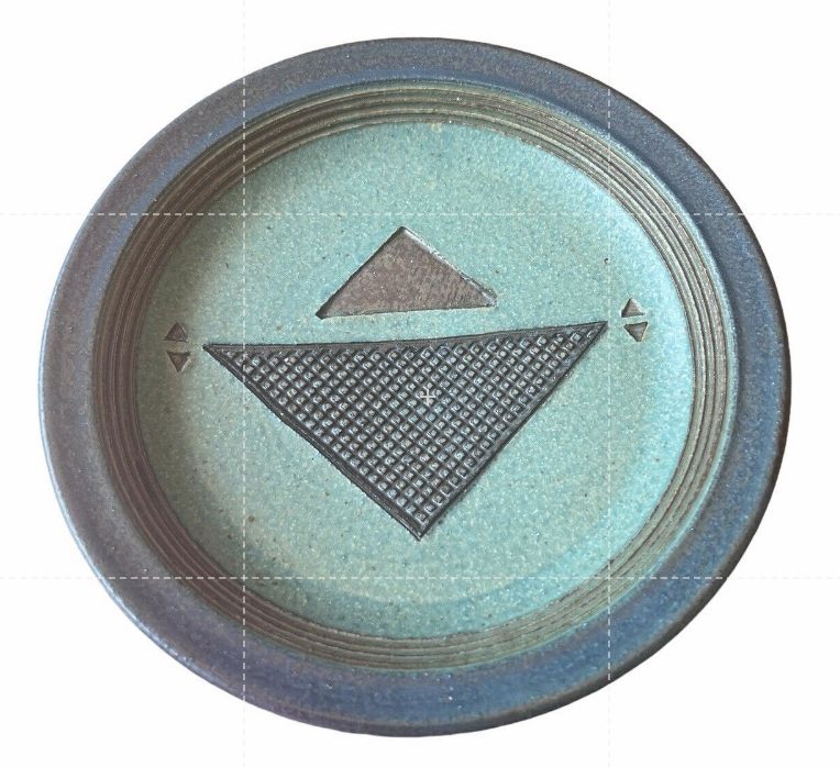 Signed Linda Sheard Pottery Blue Teal Plate Geometric Earth Glaze Handmade