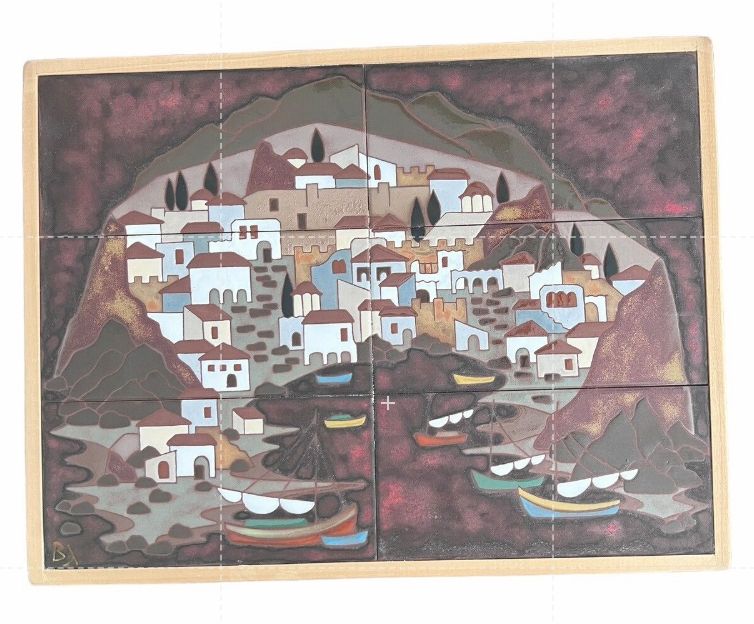 Angelos Tsakirakis Style Greek Framed Wall Art Tile Plaque Terracotta MCM Signed