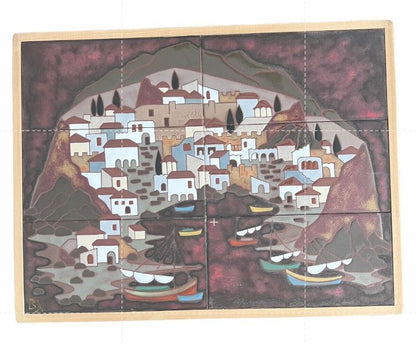 Angelos Tsakirakis Style Greek Framed Wall Art Tile Plaque Terracotta MCM Signed
