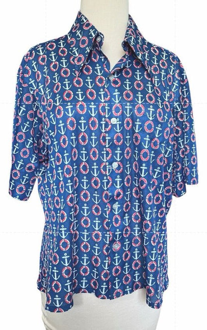 MARLBORO CLASSICS Womens Nautical Shirt Large Rare Vintage Button Down Polyester