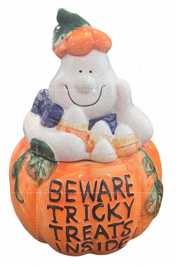 Ceramic Halloween Friendly Ghost Pumpkin Cookie Candy Jar Jack-o-lantern Pumpkin