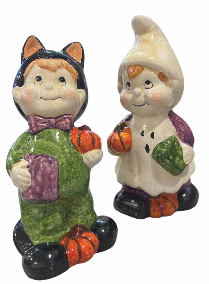 Vintage Halloween Boy Cat Girl Ghost Costume Figurines Glazed Handpainted