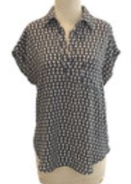 Small Pleione Women's Cap Sleeve Black White Button Up Blouse Slightly Sheer