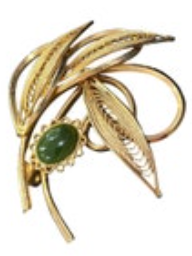 Vintage Nephrite Jade Cabochons Brooch Pin Gold Tone Filigree Leaves Beautiful