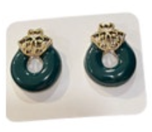 Vintage Gold Tone Door Knocker Green Enamel Round Pierced Fashion Earrings