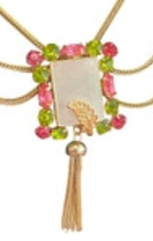 Art Deco Green Pink Rhinestone Festoon Swag Necklace Vintage Rectangle Leaf Acce