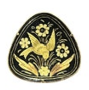 Damascene Brooch Pin Vintage Bird Flowers Gold Black Vtg Trombone Clasp Round