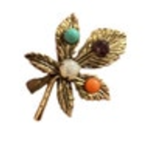 Vintage Gold Tone Leaf Faux Gemstone & Faux Pearl Pin Brooch