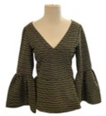 Small ANNA CATE Multicolor Striped Bell Sleeve Blouse Deep V-neck Dress Blouse