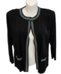 Exclusively Misook Black Open Front Cardigan Womens Herringbone Trim Petite Plus