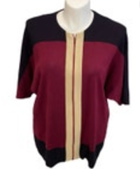 Large Exclusively Misook Cardigan Jacket Womens Blue Tan Maroon Short Sleeve Zip