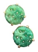 Vintage Gold Tone Faux Jade Green Clip On Earrings Round 1/2” Diameter