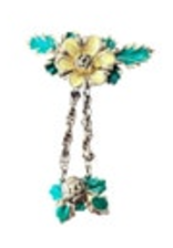 Gold Tone Yellow Flower Rosette Accent Dangle Brooch Pin Enamel