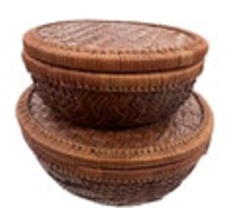 Round Rattan Wicker Fruit Staking Basket with Lid Storage Boho Natural Decor