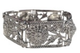 Victorian Sterling Silver Floral Flower Panel Bracelet Marcasite 7.25”