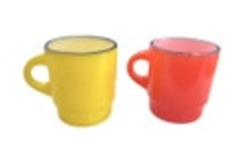2 VTG Anchor Hocking Fire King Stacking Coffee Tea Cup Mug Black Rim Yellow Red
