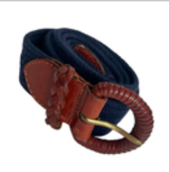 Talbots Belt Womens Size Medium M Brown Leather Blue Stretch Cotton Casual