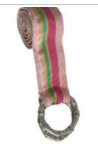 Y2K Belt Womens Medium Large Pink Green Yellow Stripe Chrome Ring Ribbon Preppy