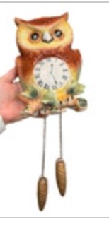 Vintage MCM Owl Faux Clock Wall Pocket Rhinestone Eyes Ceramic EUC