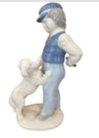 Boy Dog Porcelain Figurine Figure Western Germany Vintage Golden Crown ER Fetch