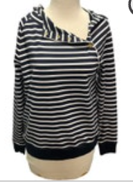 LAUREN Ralph Lauren Naval Stripe Hoodie Sweatshirt Assymetric Neck Womens Small