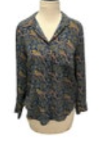 J. Jill Top Women’s Sz 10 Navy Bird Leopard Print Floral Silk Blouse Multicolor