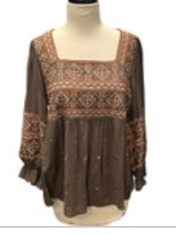 Savannah Jane Top Womens Size M Brown Floral Embroidery Peasant Tunic Casual