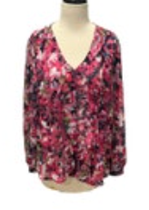 Womens Chico’s Pink Chiffon Ruffle Floral V-Neck Preppy Blouse Size 2 (US 12)