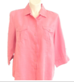 Tweeds Women 1X Linen Pink Floral Embroidered Button Down Roll Tab Shirt READ