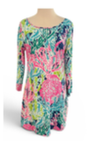 Lilly Pulitzer Kenzie Dress Womens M Palm Pink Blue Floral Resort