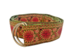 Floral Ribbon Belt Green Pink Size S/M, D-Ring 39"