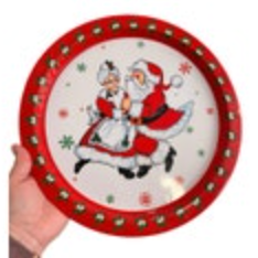 Vtg Christmas Serving Tray Tin Dancing Santa Claus And Mrs. Claus Hong Kong 13”