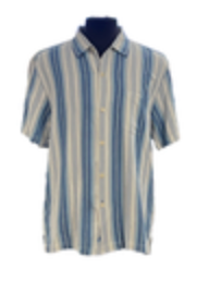 Tommy Bahama Mens L 100% Silk Camp Shirt Blue White Stripe S/S Logo