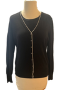 Brooks Brothers Cardigan Sweater Set 2 Piece Womens Medium Black w/White Trim