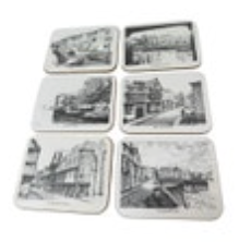 6 VTG Dartmouth London Scenes Coaster Set Cork Back Black Sketch England