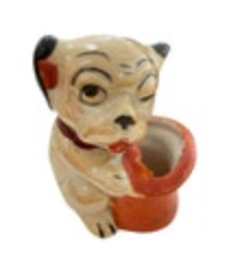 Vintage Tan Winking Dog Hat Toothpick Holder Japan Mini Vase Lusterware Pin Cush