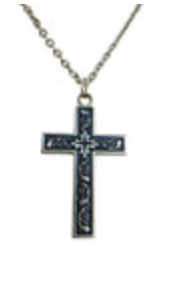 Cross Charm Chain Necklace Blue Painted Silver Tone Religious Christian