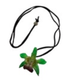Real Orchid Resin Plastic Dip Flower Necklace Green Purple Suede Cord Adjustable