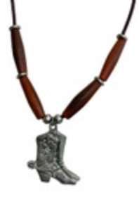 Ece 92’ Pewter Cowboy Boot Pendant Necklace Brown Leather Cord Barrel Clasp