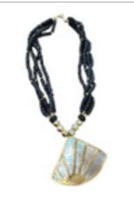 Vintage Artsy Wood Bead Abalone Shell Pendant Necklace Brass Trim