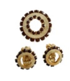 VTG Gold Tone Brown Rhinestone Earrings and Brooch Set Whirligig Style Clip On