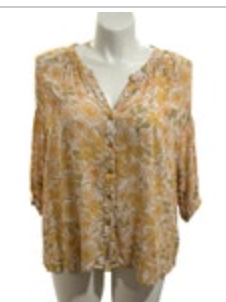 Dear John Lightweight Yellow Floral Blouse Sz L Peasant Cottagecore Rayon Hi-Lo