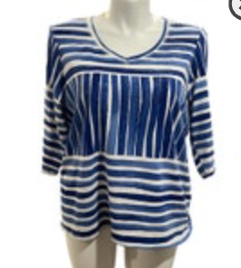 Womens Onque Casual 3/4 sleeves V-Neck blue white wide stripe Tunic 1X Sequins