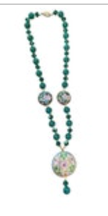 Estate Vintage Cloisonné Enamel Flowers Green Agate? Bead Necklace Hand Knotted