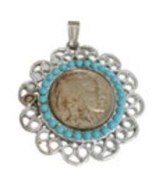 1936 Indian Head Buffalo Nickel In Silver Tone Faux Turquoise Pendant Plastic